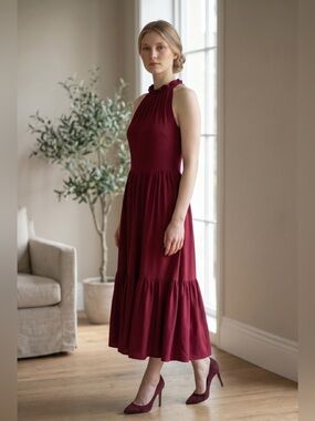 Calvin Klein Burgundy Sleeveless Midi Dress Size 2 Ruffle Neck Tie Back